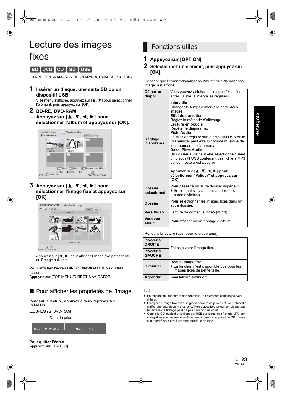 Lecture des images fixes, Fonctions utiles, Pour afficher les propriétés de l’image | Bd dvd cd sd usb, Franç ais, Appuyez sur [option, Sélectionnez un élément, puis appuyez sur [ok | Panasonic DMPBDT300EG User Manual | Page 67 / 288