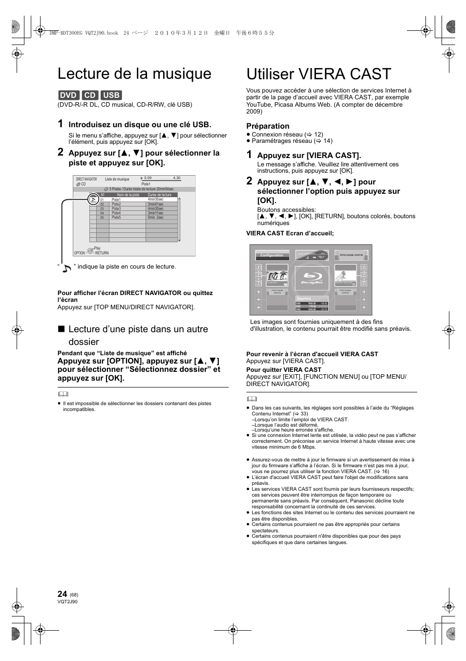 Lecture de la musique, Utiliser viera cast, Lecture d’une piste dans un autre dossier | Dvd cd usb, Introduisez un disque ou une clé usb, Préparation, Appuyez sur [viera cast | Panasonic DMPBDT300EG User Manual | Page 68 / 288