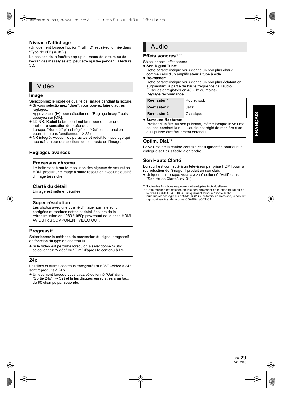 Vidéo, Audio | Panasonic DMPBDT300EG User Manual | Page 73 / 288