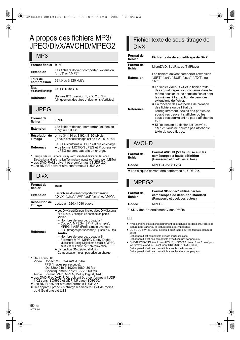 A propos des fichiers mp3/ jpeg/divx/avchd/mpeg2, Jpeg, Divx | Fichier texte de sous-titrage de divx, Avchd, Mpeg2 | Panasonic DMPBDT300EG User Manual | Page 84 / 288