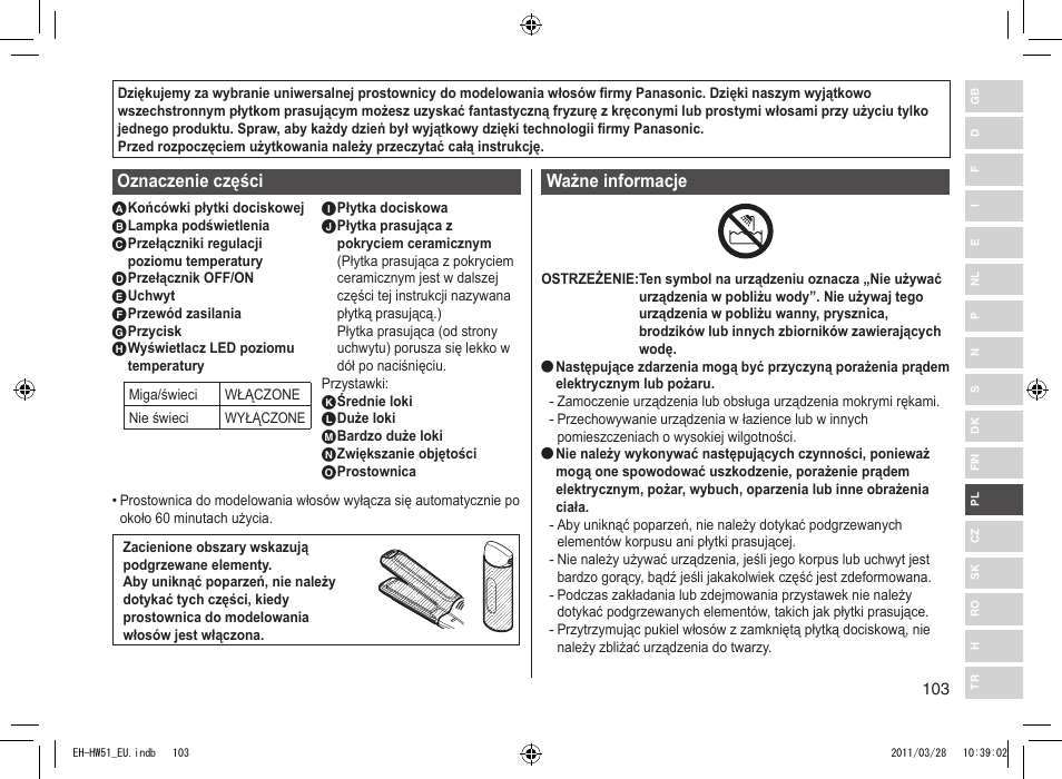 Oznaczenie części, Ważne informacje | Panasonic EHHW51 User Manual | Page 103 / 162