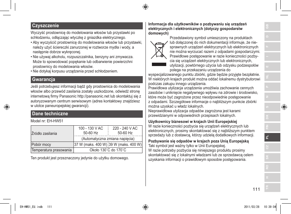 Czyszczenie, Gwarancja, Dane techniczne | Panasonic EHHW51 User Manual | Page 111 / 162