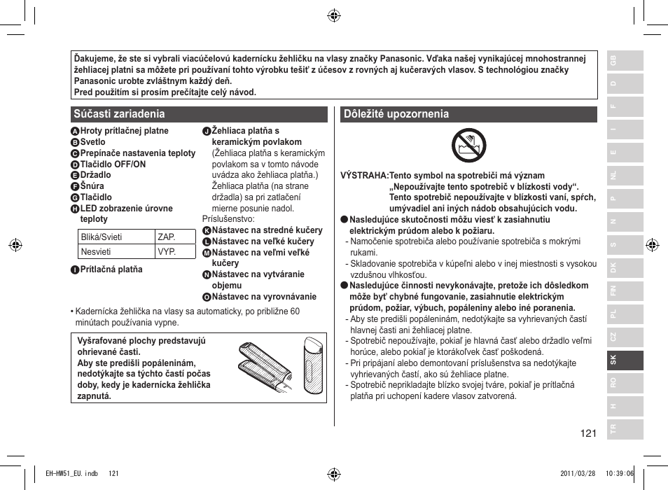 Súčasti zariadenia, Dôležité upozornenia | Panasonic EHHW51 User Manual | Page 121 / 162