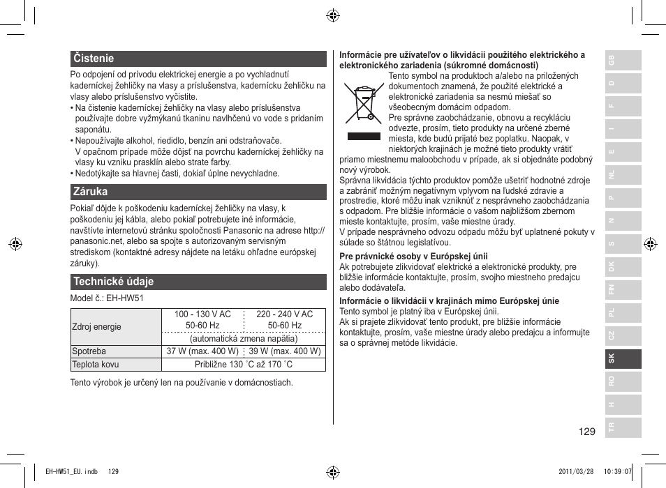 Čistenie, Záruka, Technické údaje | Panasonic EHHW51 User Manual | Page 129 / 162