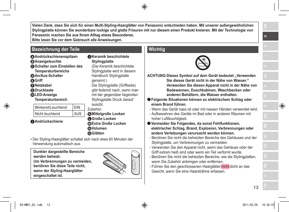 Bezeichnung der teile, Wichtig | Panasonic EHHW51 User Manual | Page 13 / 162