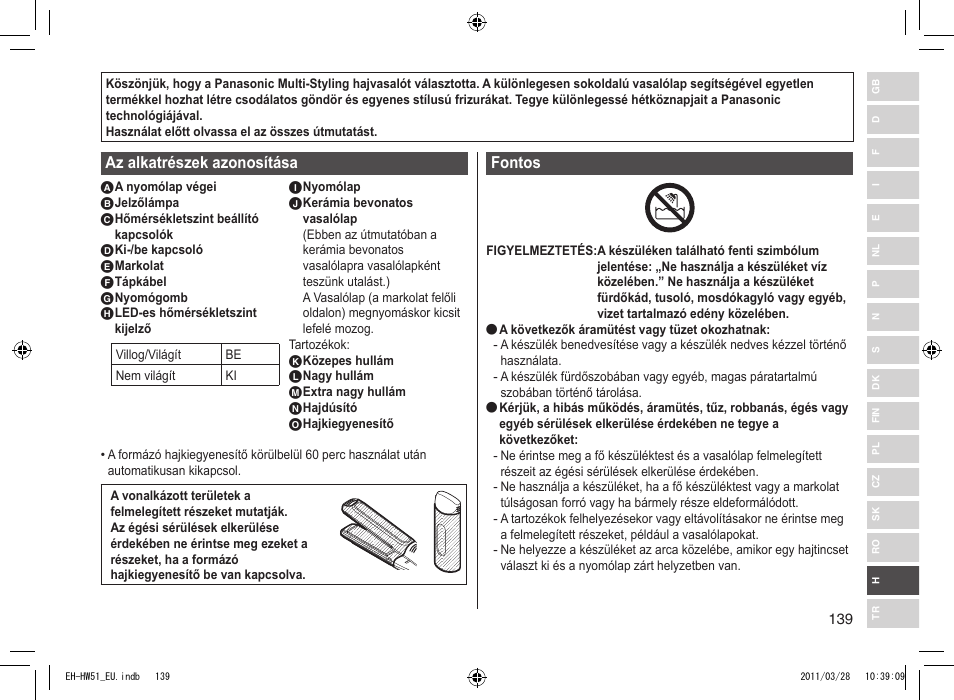 Az alkatrészek azonosítása, Fontos | Panasonic EHHW51 User Manual | Page 139 / 162