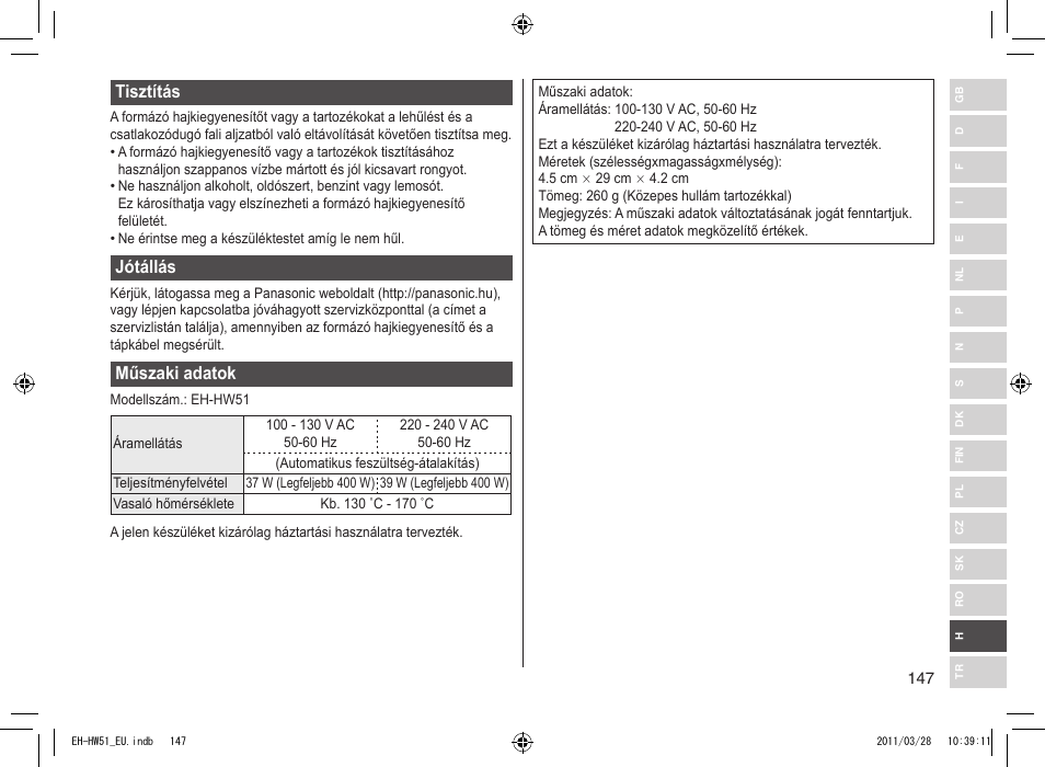 Tisztítás, Jótállás, Műszaki adatok | Panasonic EHHW51 User Manual | Page 147 / 162