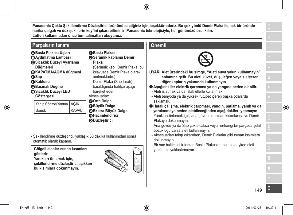 Parçaların tanımı, Önemli | Panasonic EHHW51 User Manual | Page 149 / 162