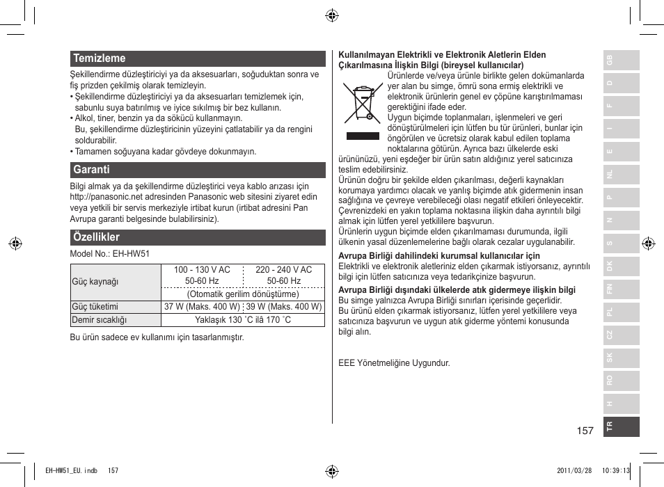 Temizleme, Garanti, Özellikler | Panasonic EHHW51 User Manual | Page 157 / 162