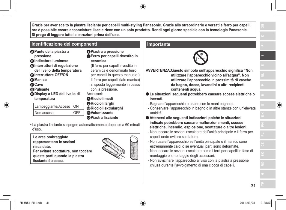 Identificazione dei componenti, Importante | Panasonic EHHW51 User Manual | Page 31 / 162