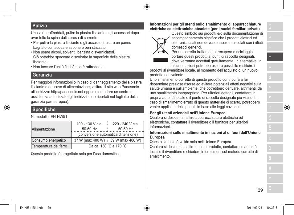 Pulizia, Garanzia, Specifiche | Panasonic EHHW51 User Manual | Page 39 / 162