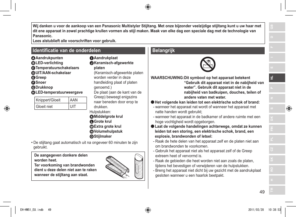 Identificatie van de onderdelen, Belangrijk | Panasonic EHHW51 User Manual | Page 49 / 162