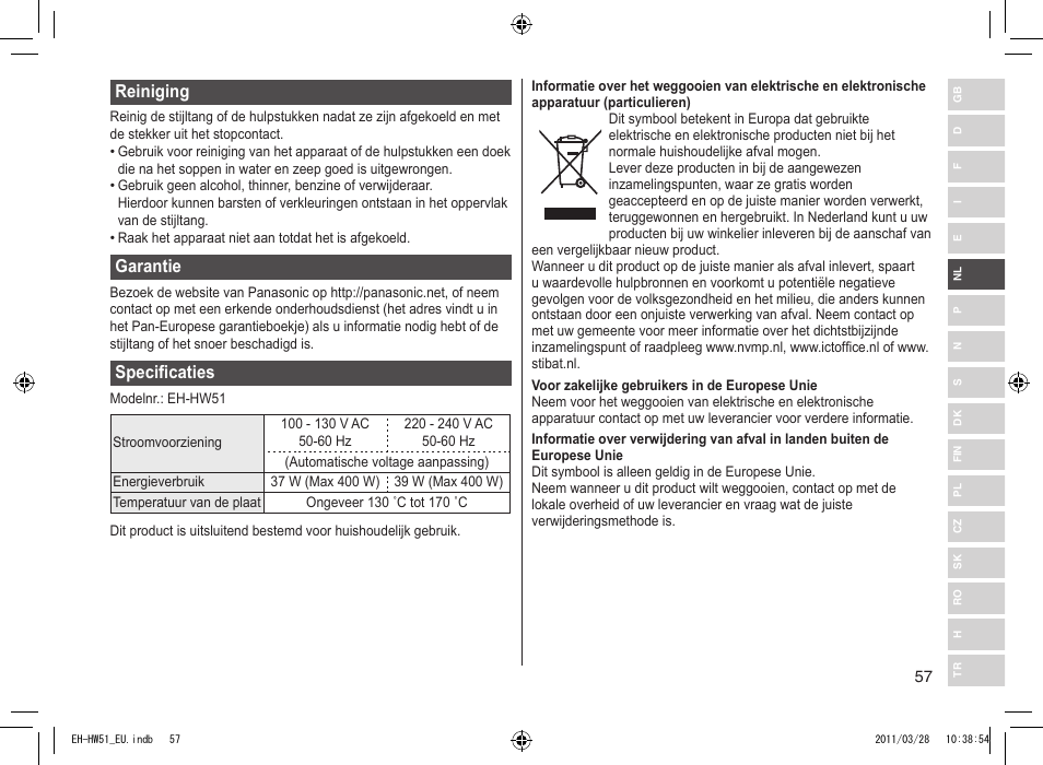 Reiniging, Garantie, Specificaties | Panasonic EHHW51 User Manual | Page 57 / 162