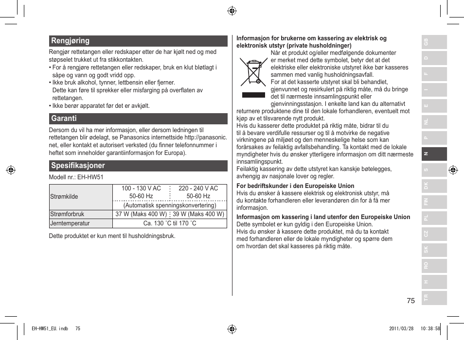 Rengjøring, Garanti, Spesifikasjoner | Panasonic EHHW51 User Manual | Page 75 / 162