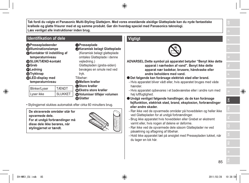 Identifikation af dele, Vigtigt | Panasonic EHHW51 User Manual | Page 85 / 162