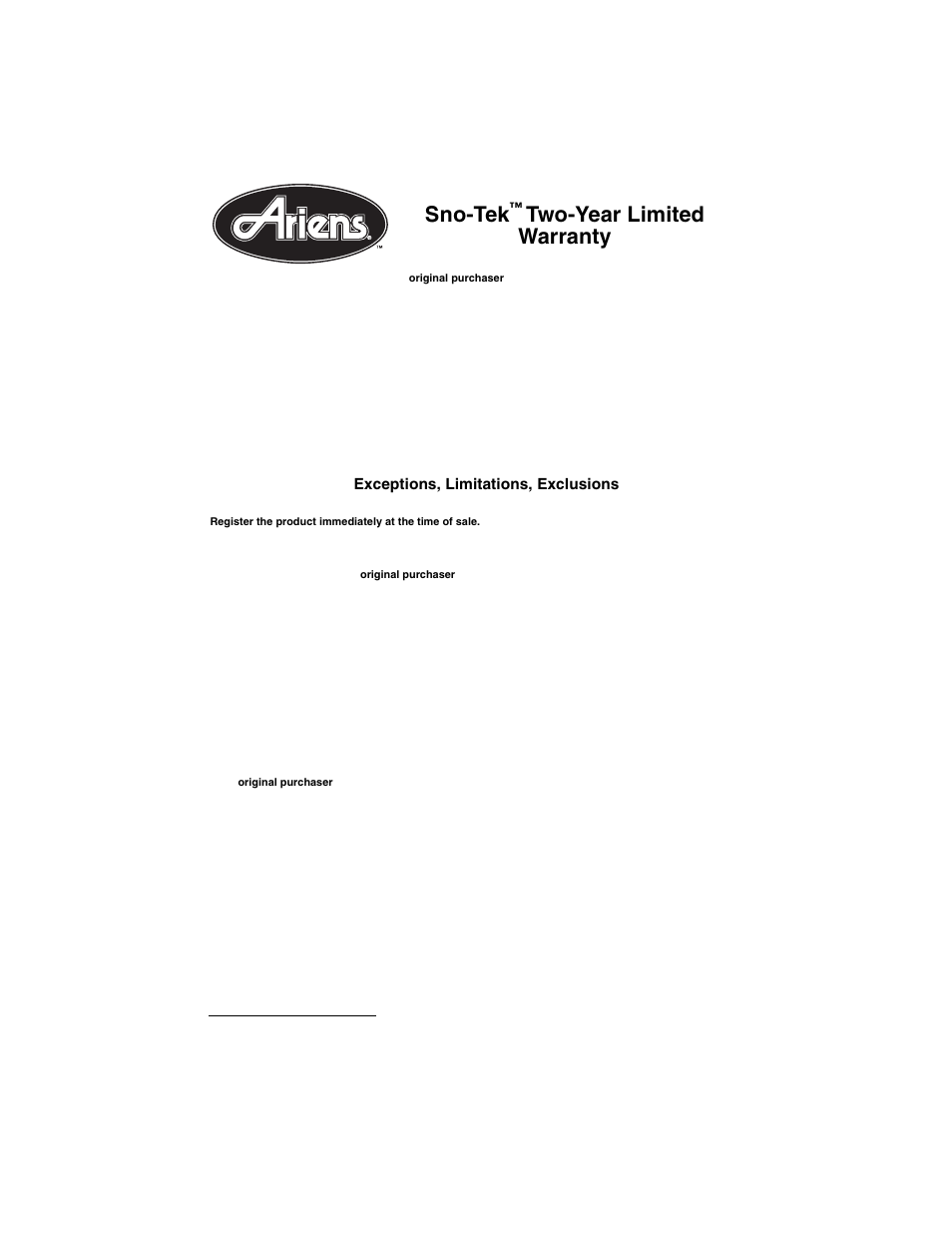 Sno-tek™ two-year limited warranty, Sno-tek, Two-year limited warranty | Exceptions, limitations, exclusions | Ariens sno-tek 920401 User Manual | Page 32 / 34