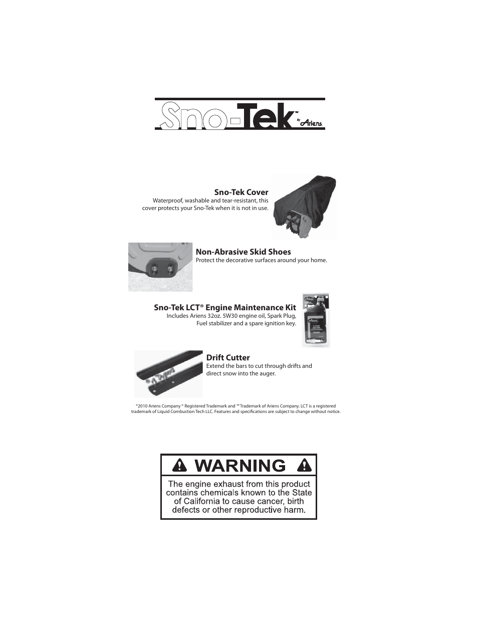 Sno-tek lct® engine maintenance kit, Non-abrasive skid shoes, Sno-tek cover | Drift cutter | Ariens sno-tek 920401 User Manual | Page 34 / 34