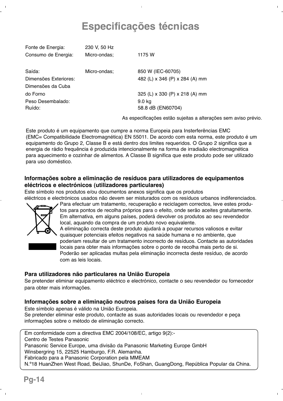 Especificações técnicas, Pg-14 | Panasonic NNSD279SEPG User Manual | Page 100 / 213