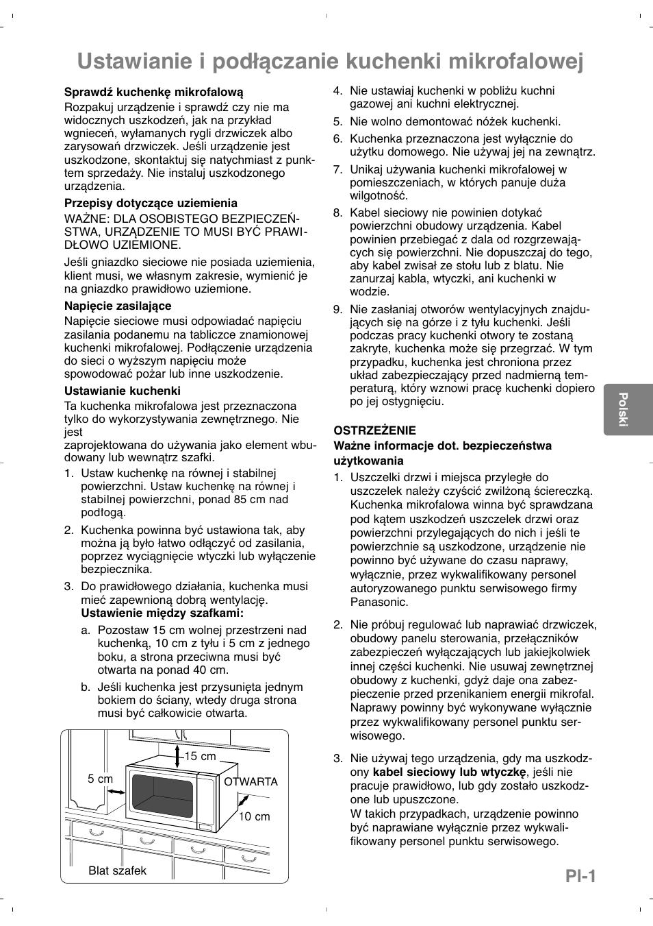 Ustawianie i podłączanie kuchenki mikrofalowej, Pl-1 | Panasonic NNSD279SEPG User Manual | Page 101 / 213