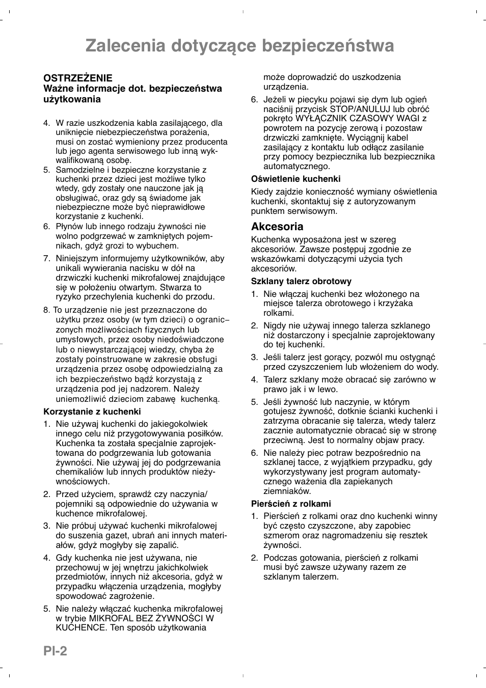 Zalecenia dotyczące bezpieczeństwa, Pl-2, Akcesoria | Panasonic NNSD279SEPG User Manual | Page 102 / 213