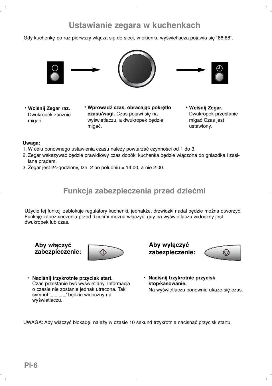 Ustawianie zegara w kuchenkach, Funkcja zabezpieczenia przed dziećmi, Pl-6 | Panasonic NNSD279SEPG User Manual | Page 106 / 213