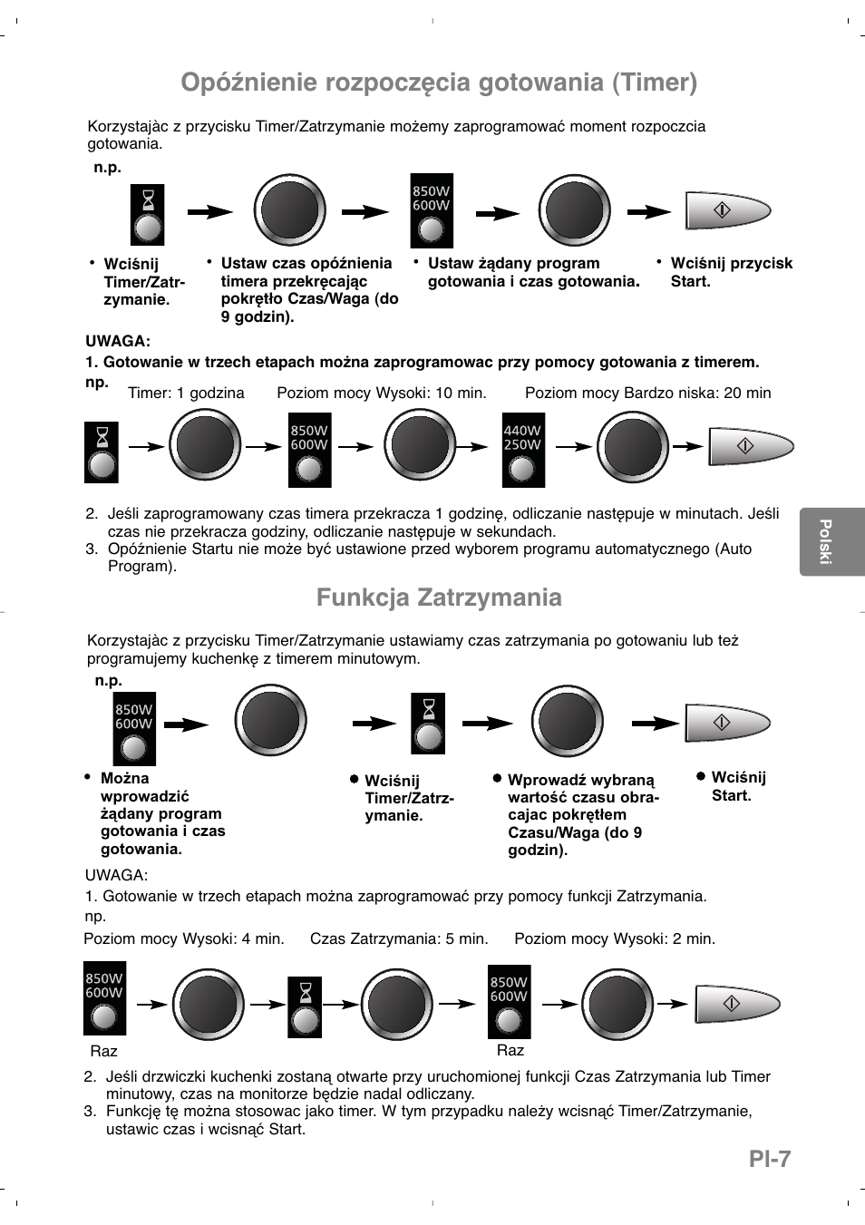 Opóźnienie rozpoczęcia gotowania (timer), Funkcja zatrzymania, Pl-7 | Panasonic NNSD279SEPG User Manual | Page 107 / 213