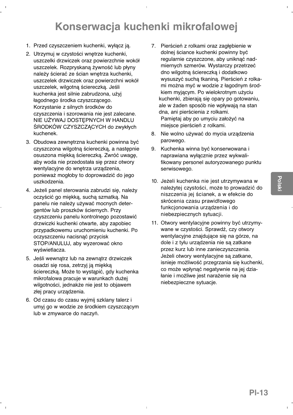 Konserwacja kuchenki mikrofalowej, Pl-13 | Panasonic NNSD279SEPG User Manual | Page 113 / 213