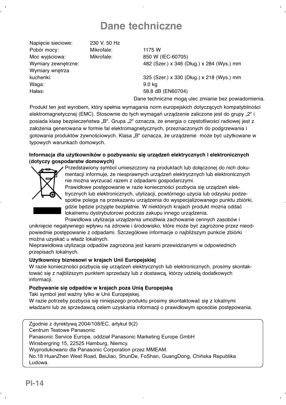 Dane techniczne, Pl-14 | Panasonic NNSD279SEPG User Manual | Page 114 / 213