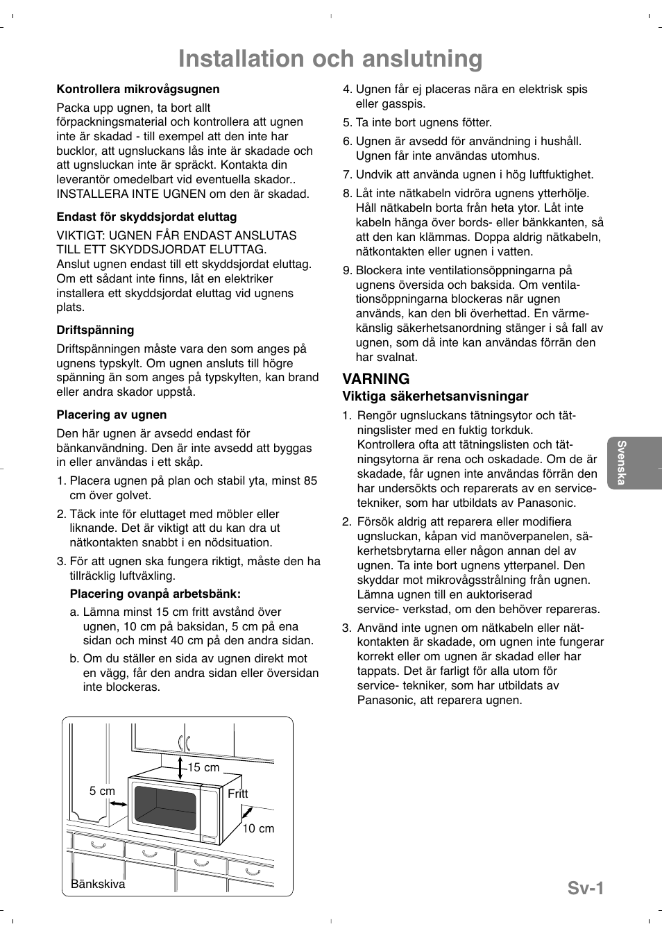 Installation och anslutning, Sv-1 | Panasonic NNSD279SEPG User Manual | Page 115 / 213