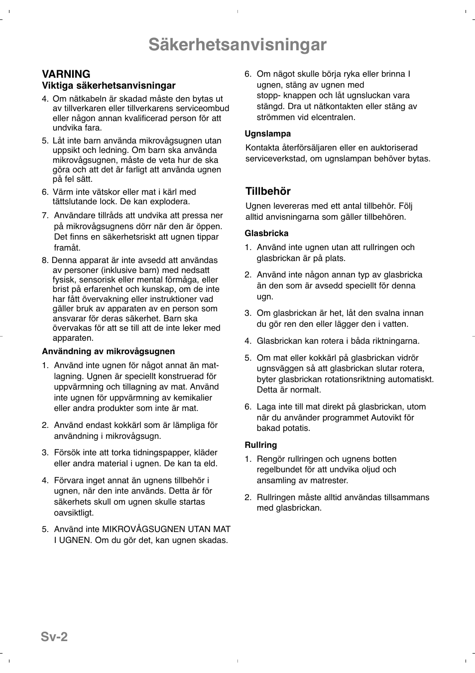 Säkerhetsanvisningar, Sv-2 | Panasonic NNSD279SEPG User Manual | Page 116 / 213