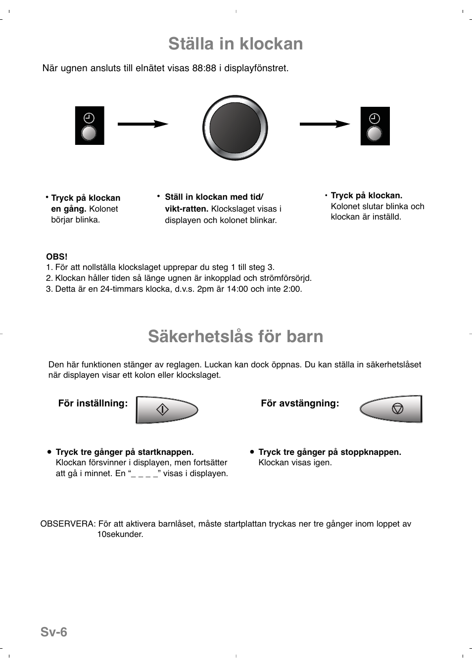 Ställa in klockan, Säkerhetslås för barn, Sv-6 | Panasonic NNSD279SEPG User Manual | Page 120 / 213