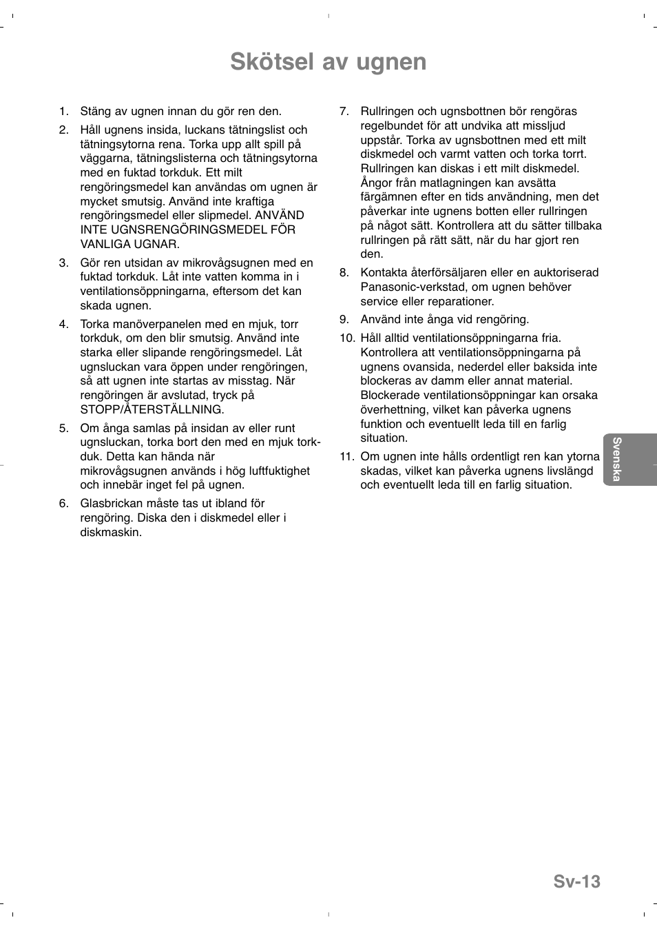 Skötsel av ugnen, Sv-13 | Panasonic NNSD279SEPG User Manual | Page 127 / 213
