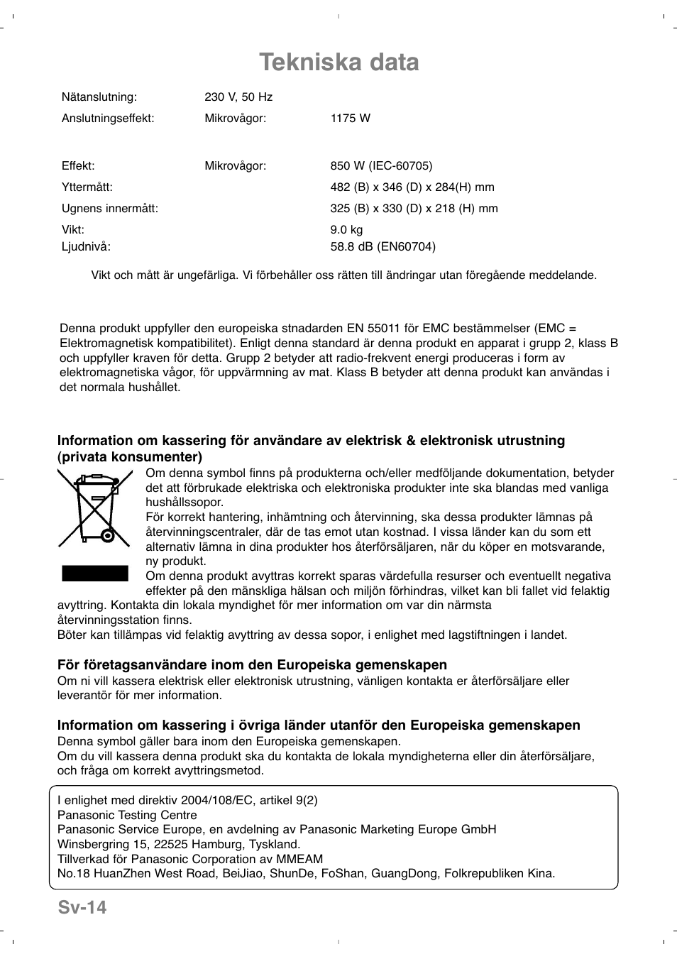 Tekniska data, Sv-14 | Panasonic NNSD279SEPG User Manual | Page 128 / 213