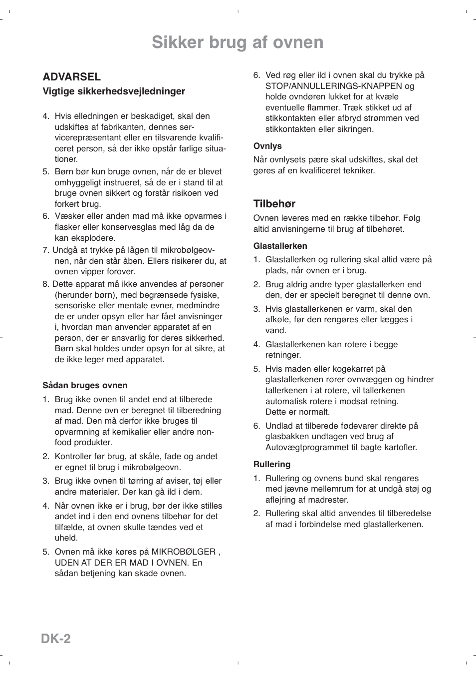 Sikker brug af ovnen, Dk-2 | Panasonic NNSD279SEPG User Manual | Page 130 / 213
