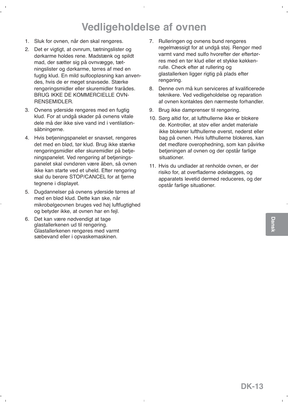 Vedligeholdelse af ovnen, Dk-13 | Panasonic NNSD279SEPG User Manual | Page 141 / 213