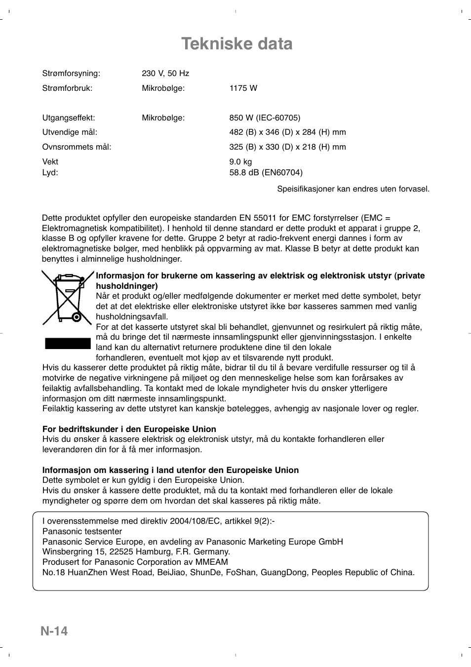 Tekniske data, N-14 | Panasonic NNSD279SEPG User Manual | Page 156 / 213