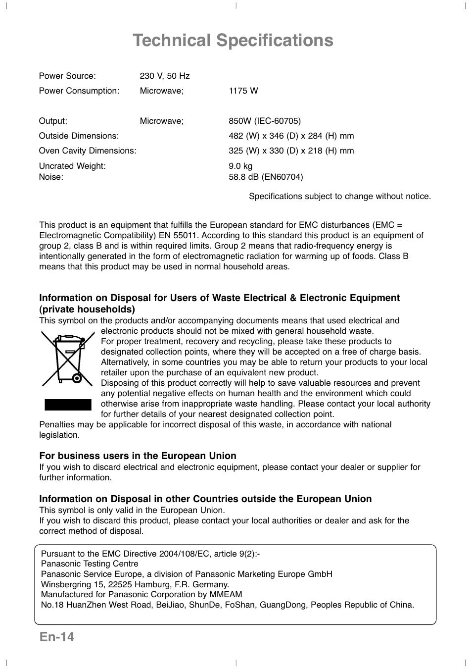 Technical specifications, En-14 | Panasonic NNSD279SEPG User Manual | Page 16 / 213