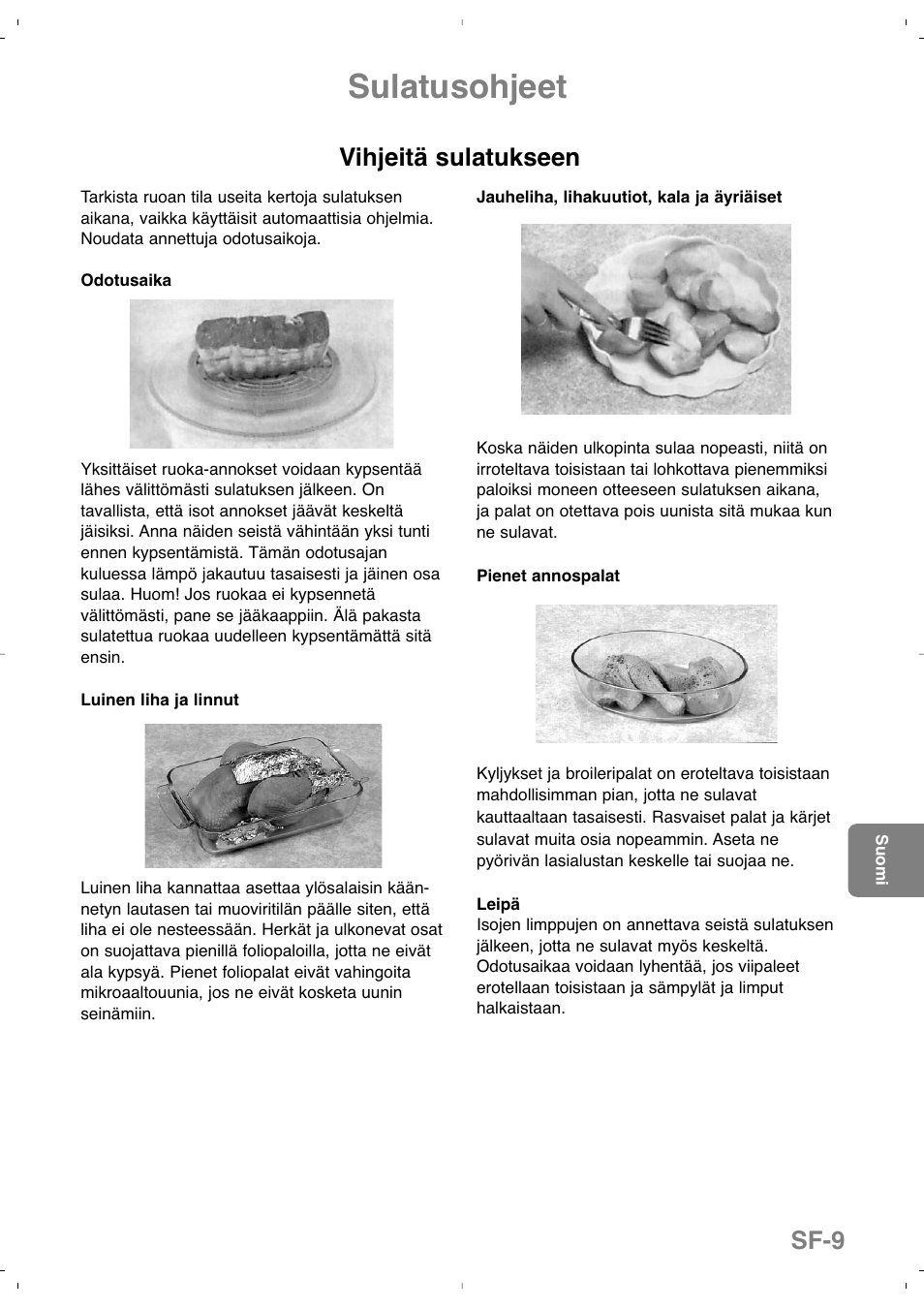 Sulatusohjeet, Sf-9, Vihjeitä sulatukseen | Panasonic NNSD279SEPG User Manual | Page 165 / 213