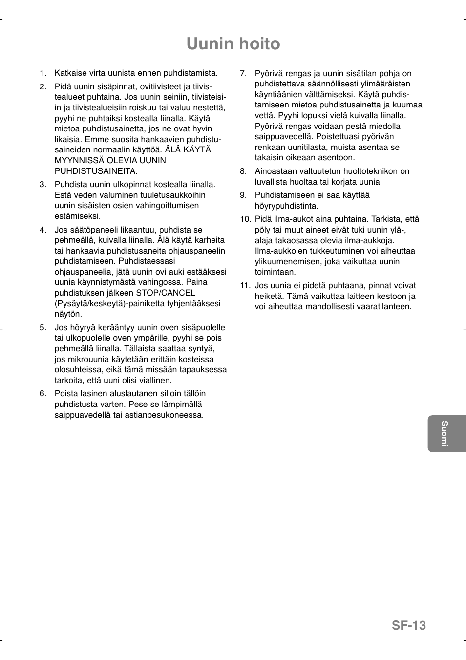 Uunin hoito, Sf-13 | Panasonic NNSD279SEPG User Manual | Page 169 / 213