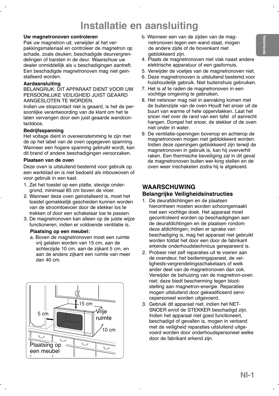 Installatie en aansluiting, Ni-1, Waarschuwing | Panasonic NNSD279SEPG User Manual | Page 17 / 213
