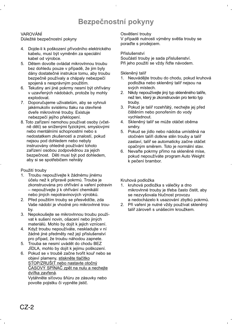 Bezpečnostní pokyny, Cz-2 | Panasonic NNSD279SEPG User Manual | Page 172 / 213