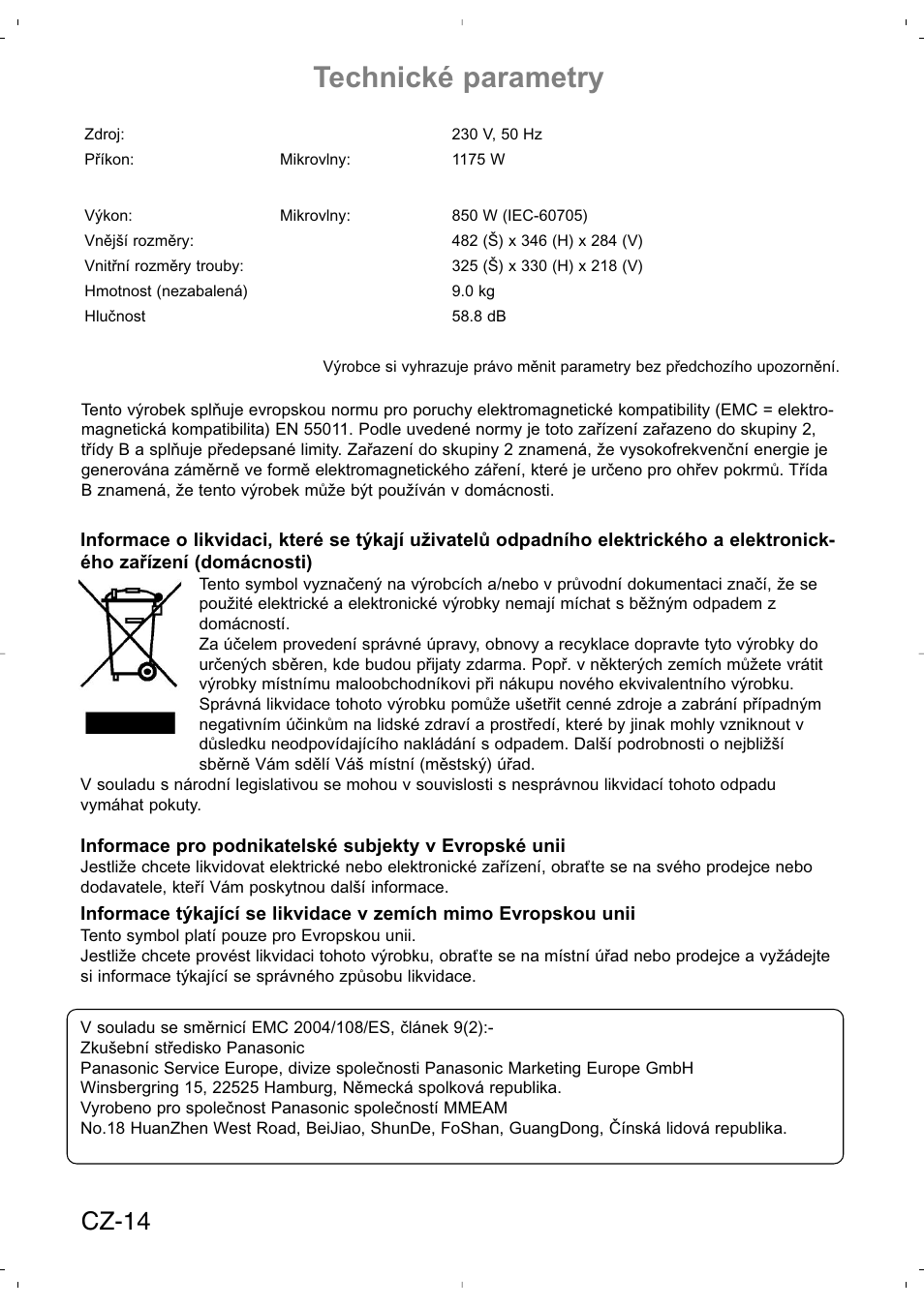 Technické parametry, Cz-14 | Panasonic NNSD279SEPG User Manual | Page 184 / 213