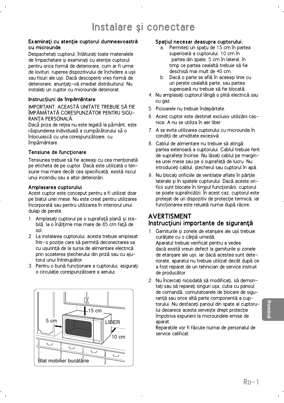 Instalare øi conectare, Ro-1, A vertisment instrucﬂiuni importante de siguranﬂ ă | Panasonic NNSD279SEPG User Manual | Page 185 / 213