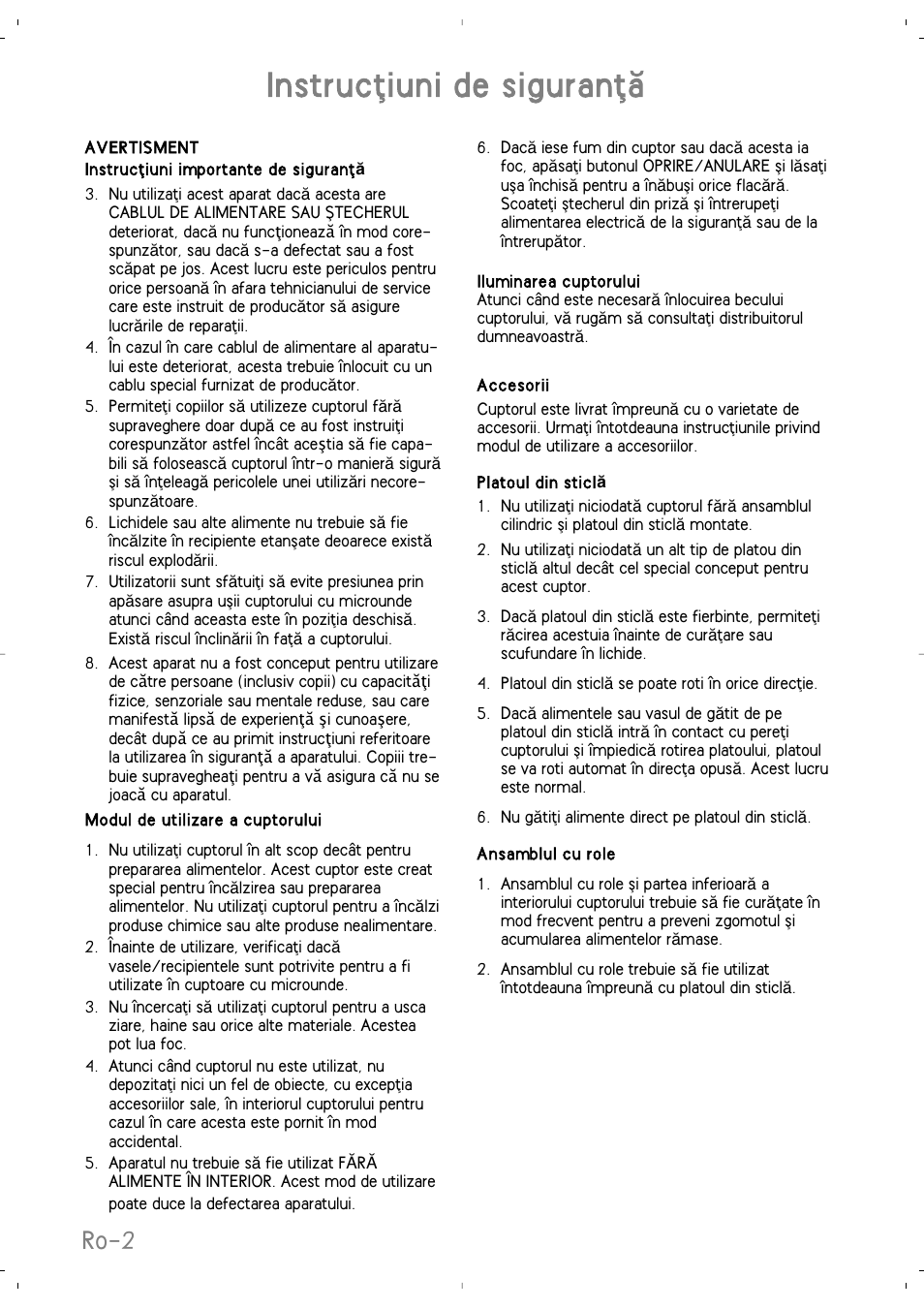 Instrucﬂiuni de siguranﬂæ, Ro-2 | Panasonic NNSD279SEPG User Manual | Page 186 / 213