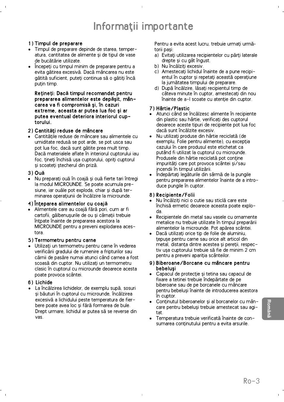 Informaﬂii importante, Ro-3 | Panasonic NNSD279SEPG User Manual | Page 187 / 213