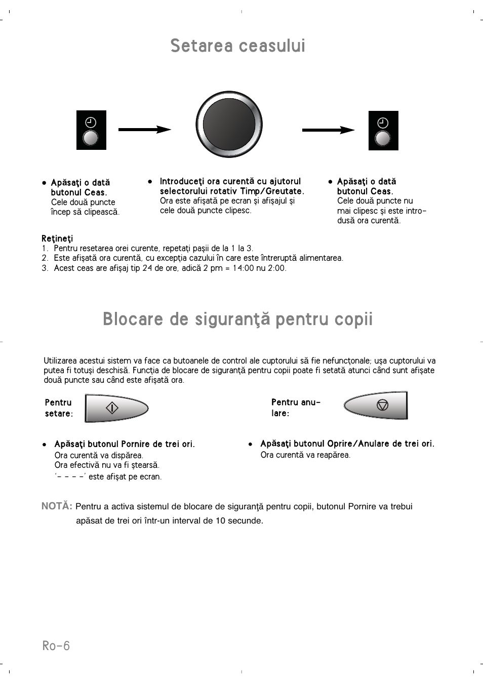 Setarea ceasului, Blocare de siguranﬂ ă pentru copii, Ro-6 | Panasonic NNSD279SEPG User Manual | Page 190 / 213