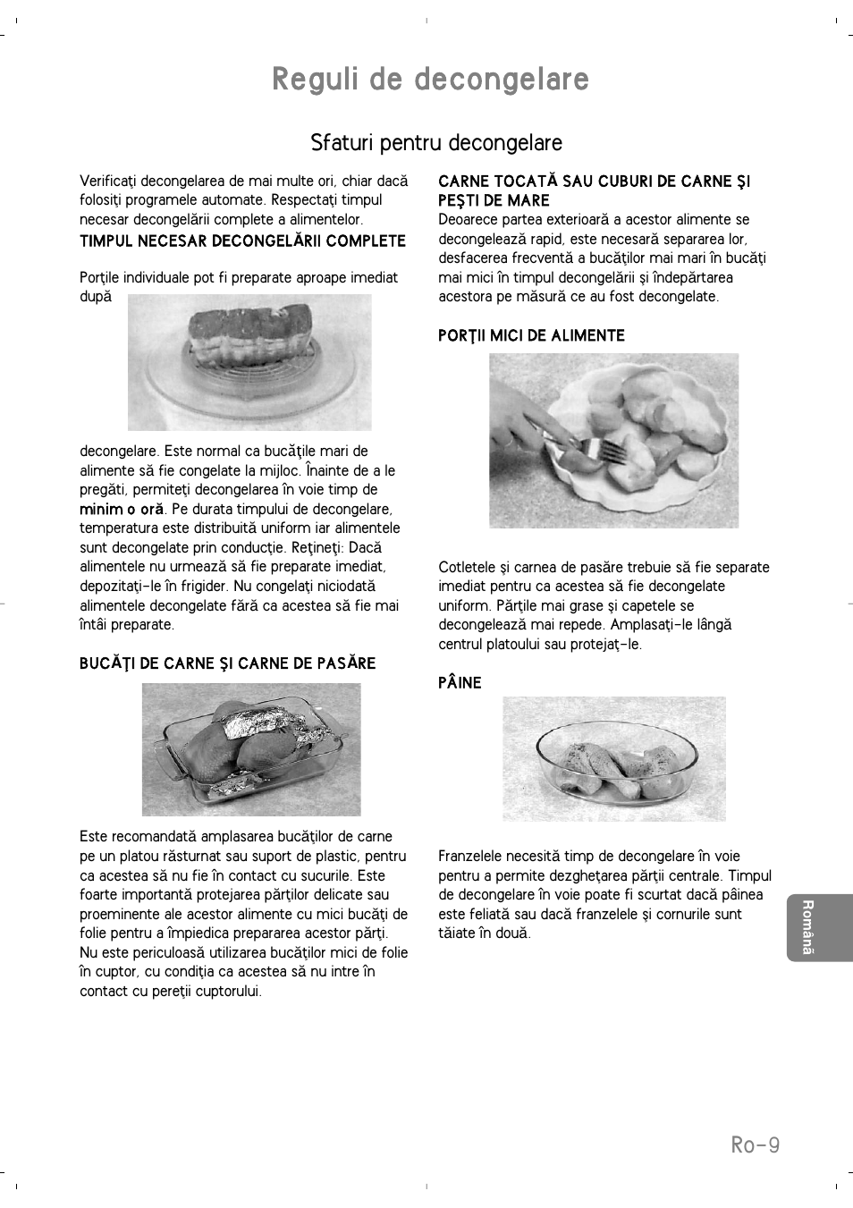 Reguli de decongelare, Ro-9, Sfaturi pentru decongelare | Panasonic NNSD279SEPG User Manual | Page 193 / 213