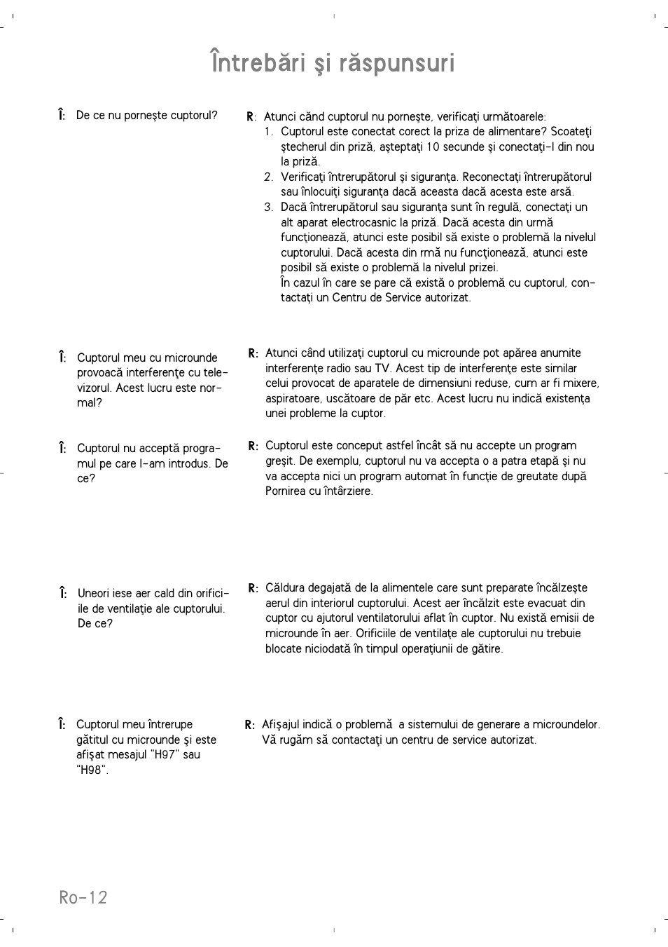 Întreb ă ri øi r ă spunsuri, Ro-12 | Panasonic NNSD279SEPG User Manual | Page 196 / 213