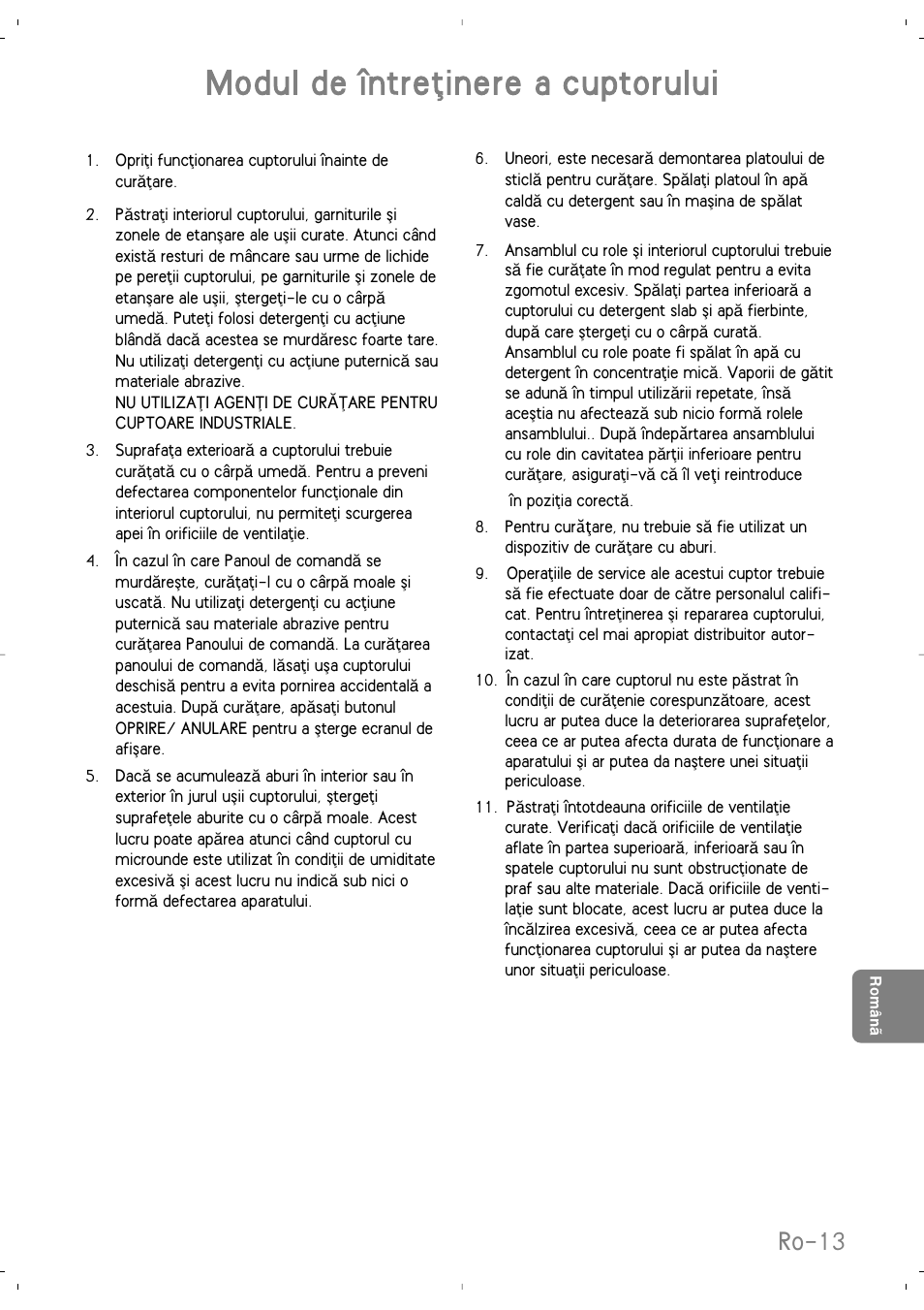 Modul de întreﬂinere a cuptorului, Ro-13 | Panasonic NNSD279SEPG User Manual | Page 197 / 213