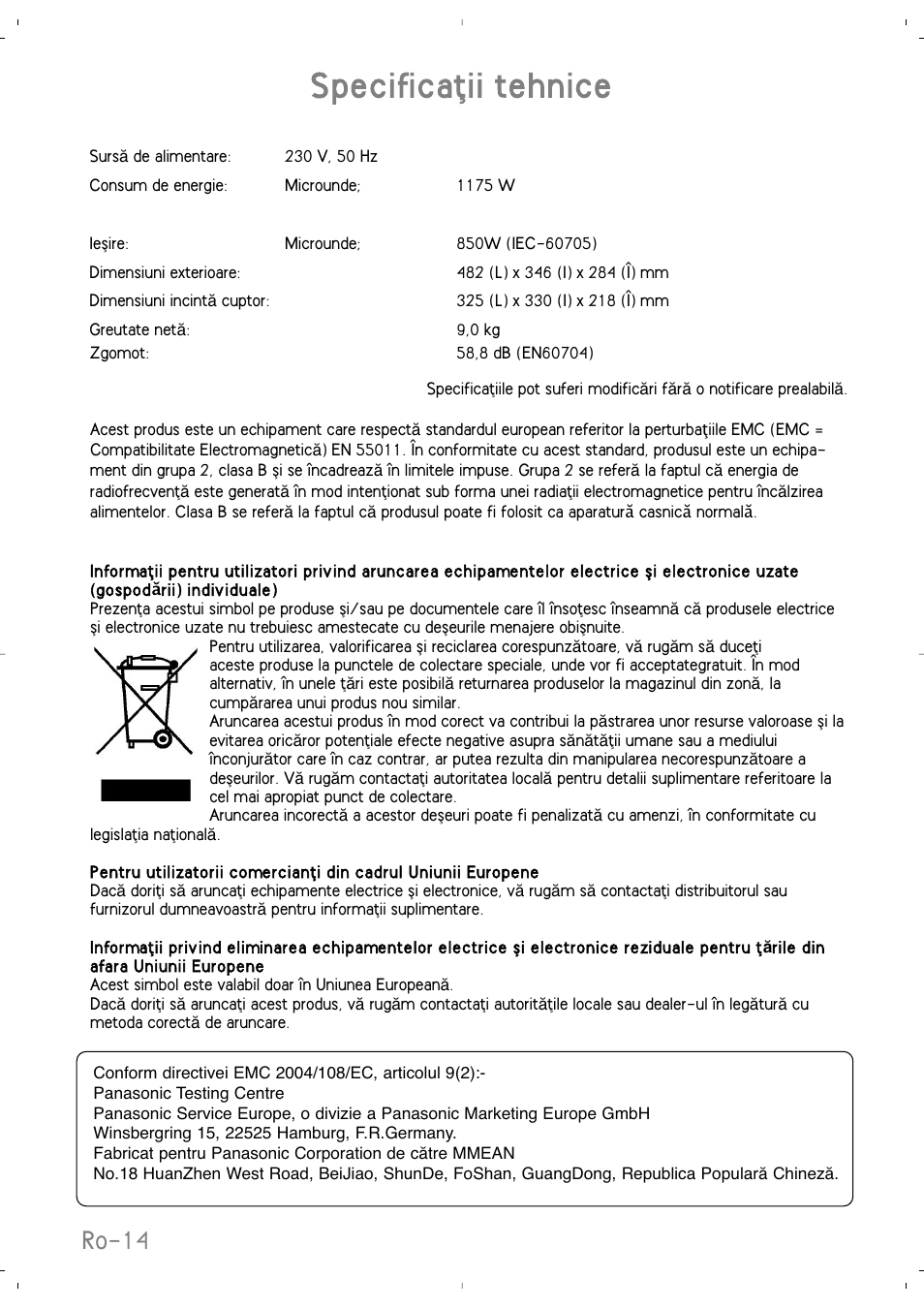 Specificaﬂii tehnice, Ro-14 | Panasonic NNSD279SEPG User Manual | Page 198 / 213